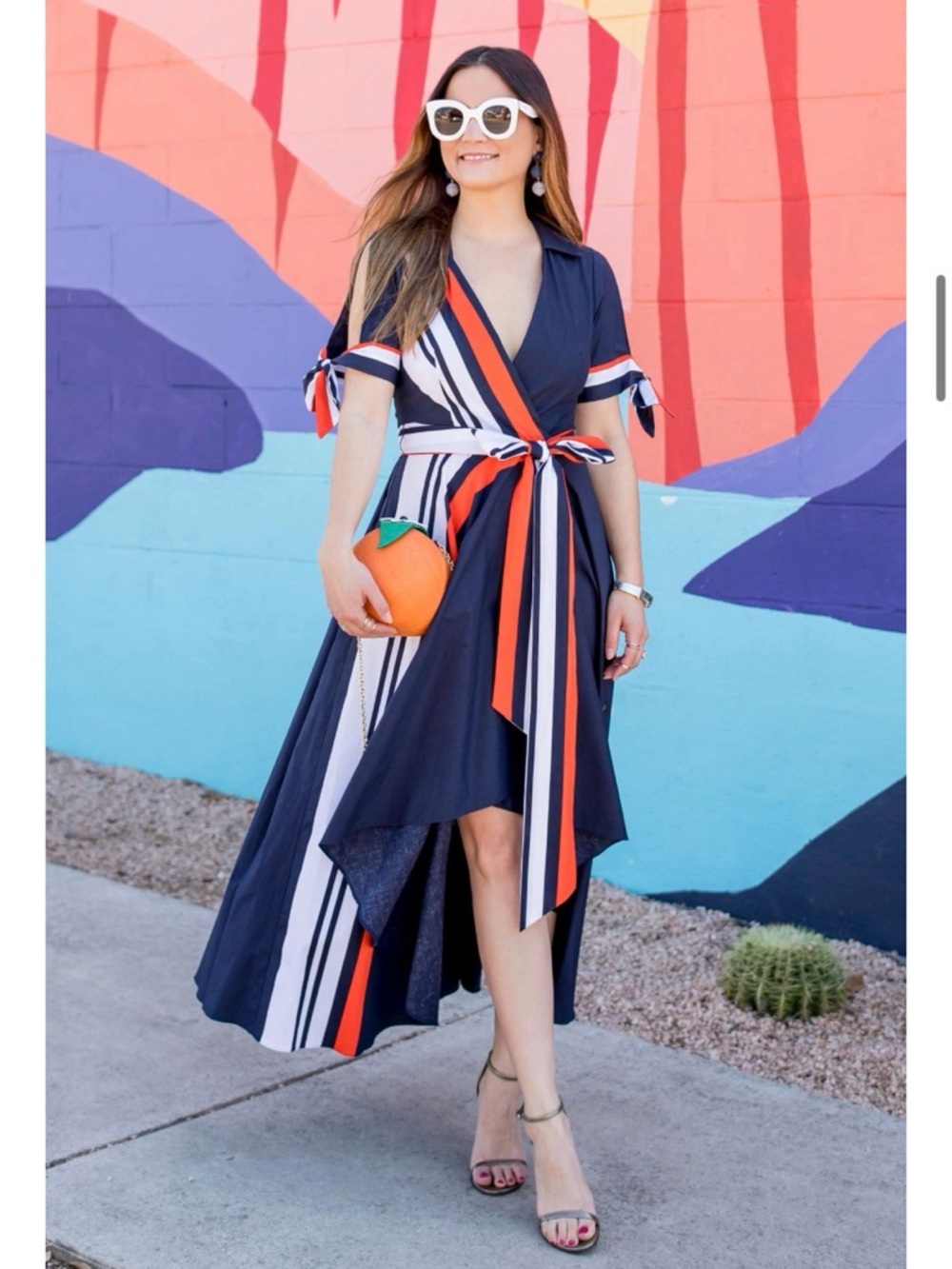 NWOT Milly Navy, Red, White “VALERIE” Wrap High-Low Dress Tie Sleeves SZ 4 $650